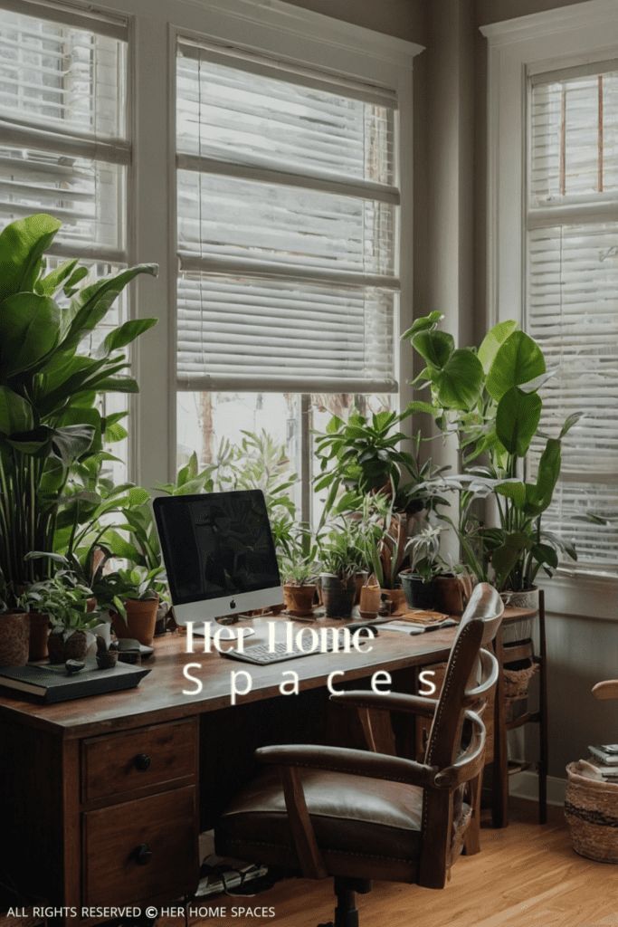  A biophilic home office with a wooden desk, large windows, and several indoor plants.