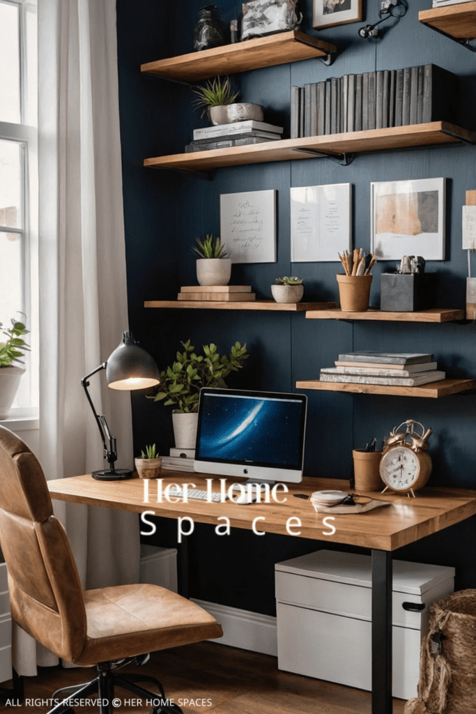 A home office with floating shelves holding books, plants, and decorative items.