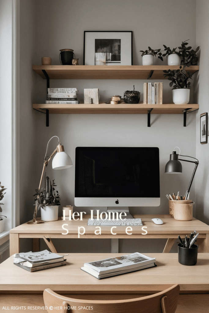 A home office with floating shelves holding books, plants, and decorative items.