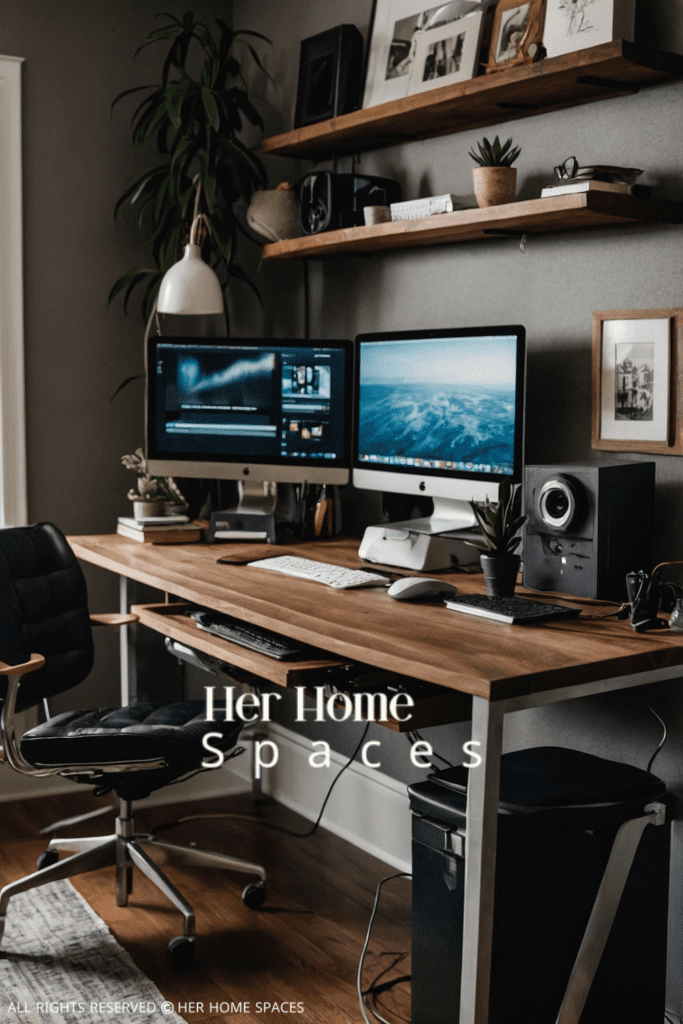 A minimalist home office setup with a sleek white desk, ergonomic chair, and a few well-placed plants.