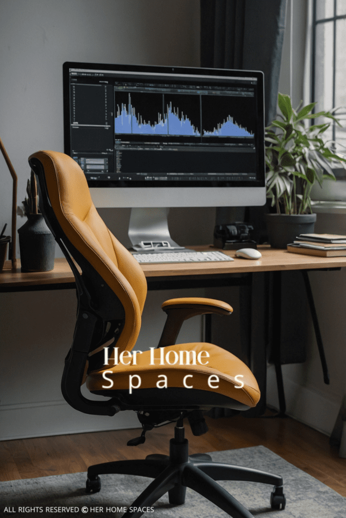 A minimalist home office setup with a sleek white desk, ergonomic chair, and a few well-placed plants.