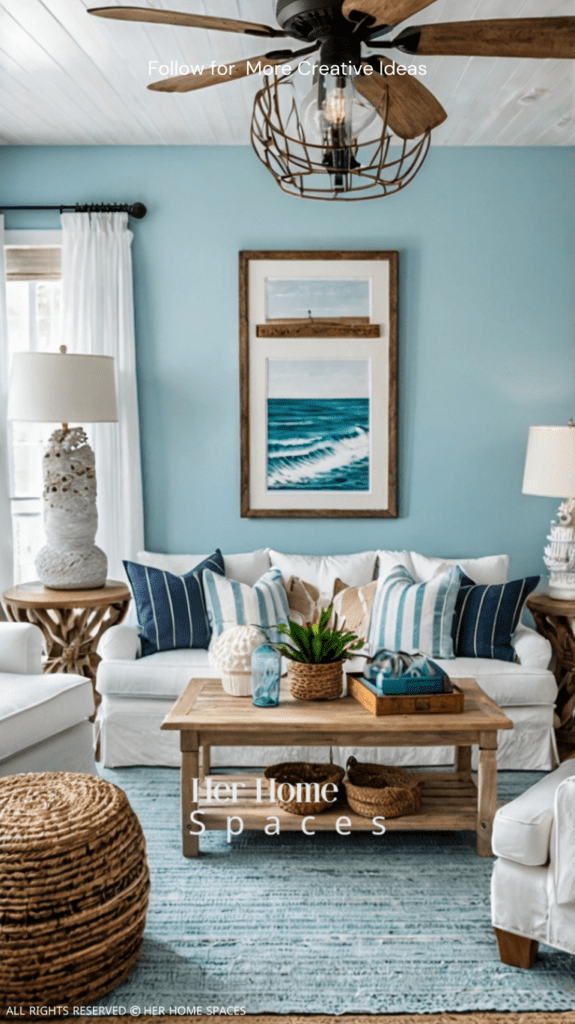  A coastal living room with light blue walls, white furniture, and driftwood accents.