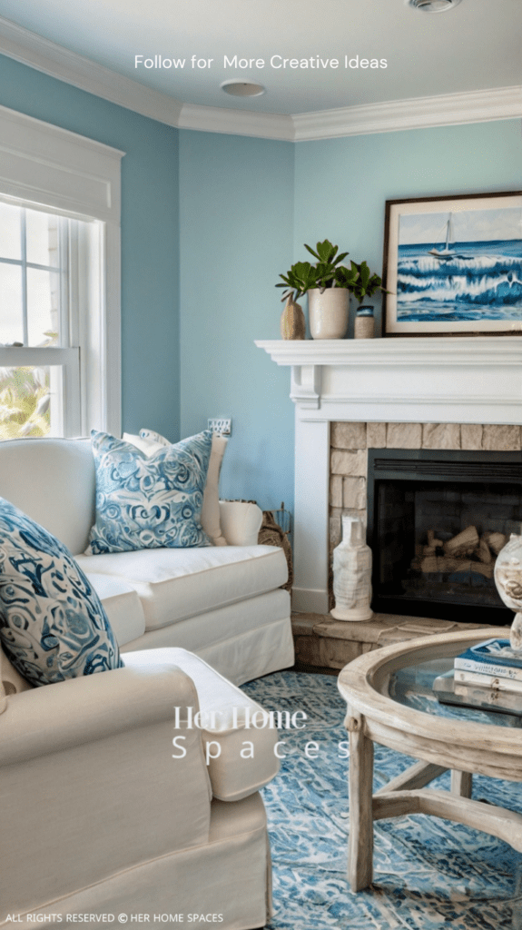  A coastal living room with light blue walls, white furniture, and driftwood accents.