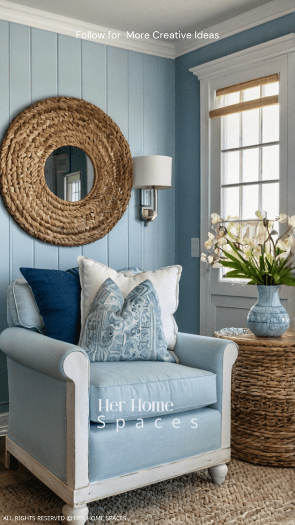  A coastal living room with light blue walls, white furniture, and driftwood accents.