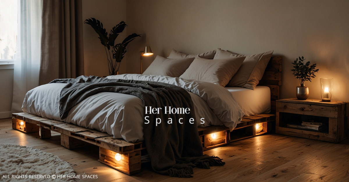 Cozy bedroom with a DIY pallet bed, warm lighting, and modern decor