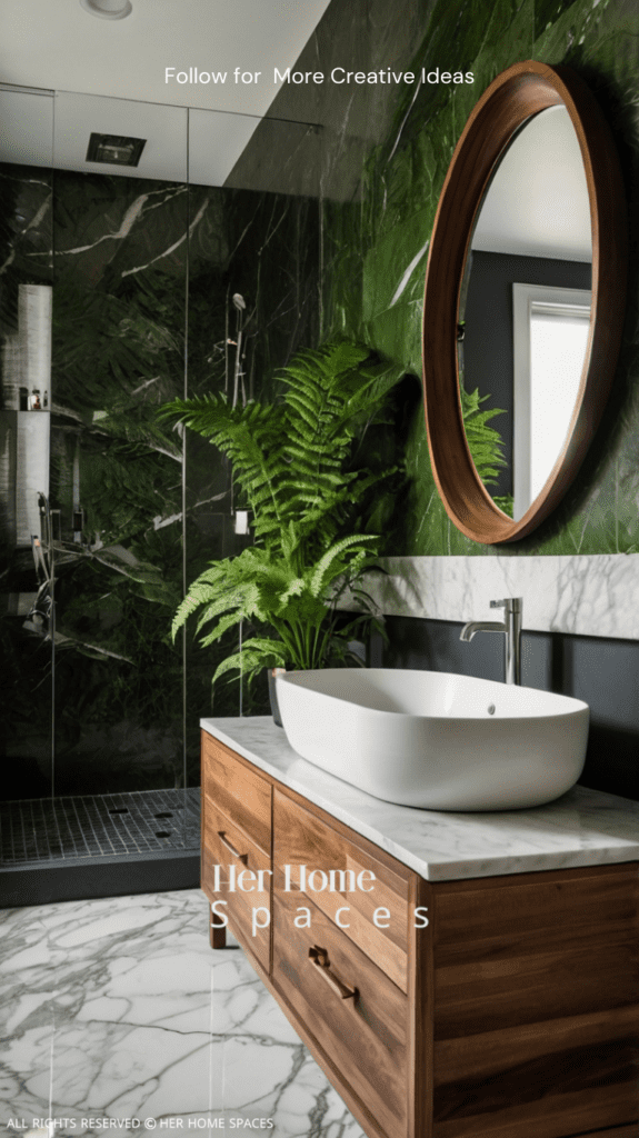  A modern bathroom with marble tiles, a wooden vanity, and lush green ferns.