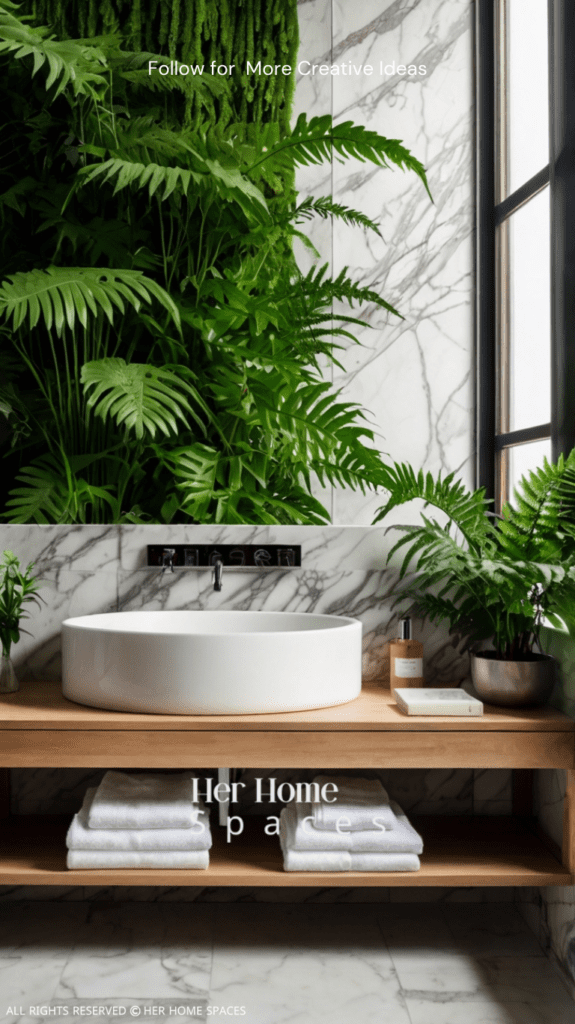  A modern bathroom with marble tiles, a wooden vanity, and lush green ferns.