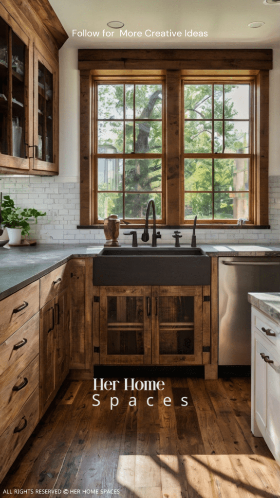  A modern farmhouse kitchen with reclaimed wood cabinets and stone countertops.