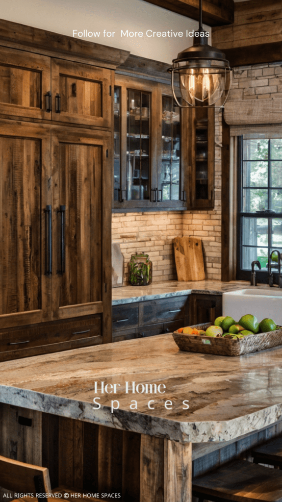  A modern farmhouse kitchen with reclaimed wood cabinets and stone countertops.