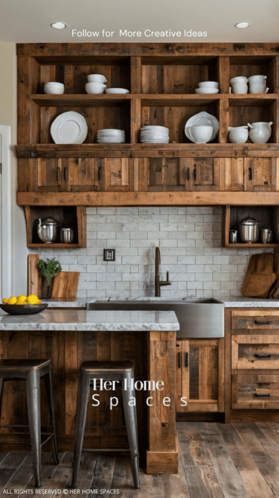  A modern farmhouse kitchen with reclaimed wood cabinets and stone countertops.