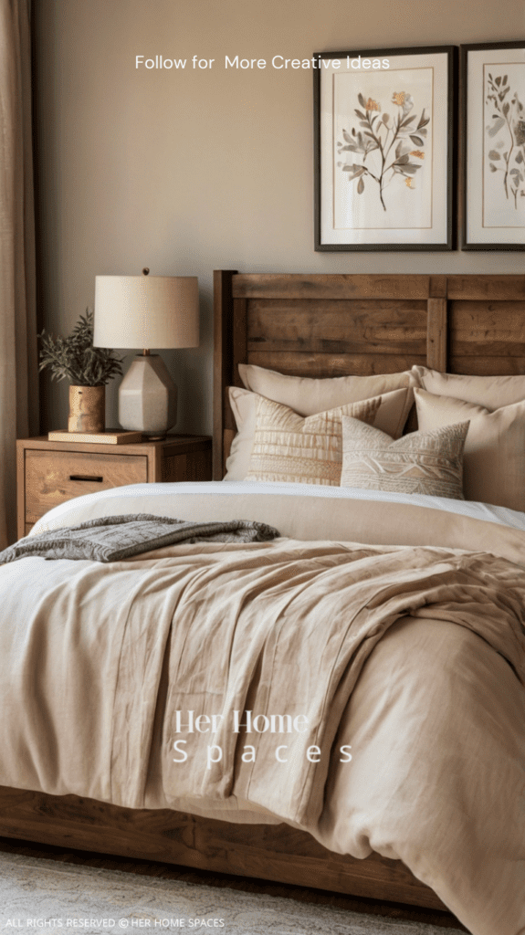  A serene bedroom with beige bedding, wooden accents, and soft natural light.