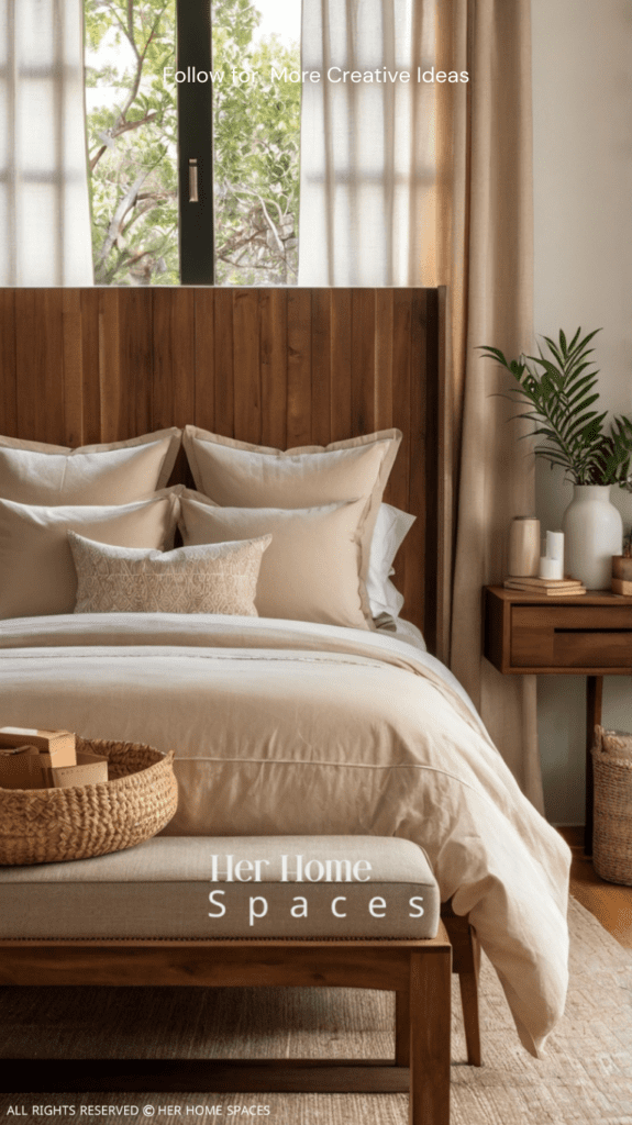  A serene bedroom with beige bedding, wooden accents, and soft natural light.