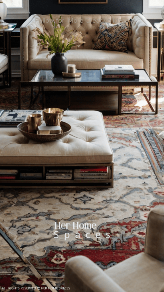  A stylish living room featuring thrift store finds, including a vintage coffee table, a repurposed bookshelf, and eclectic accessories.