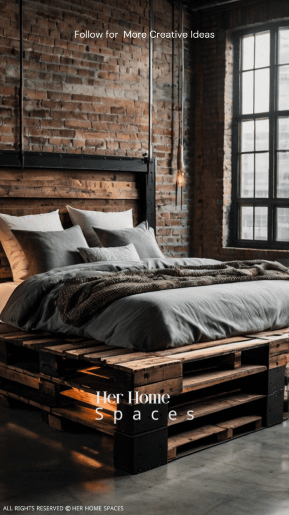  An industrial-style pallet bed with metal accents, dark wood, and minimalist bedding.