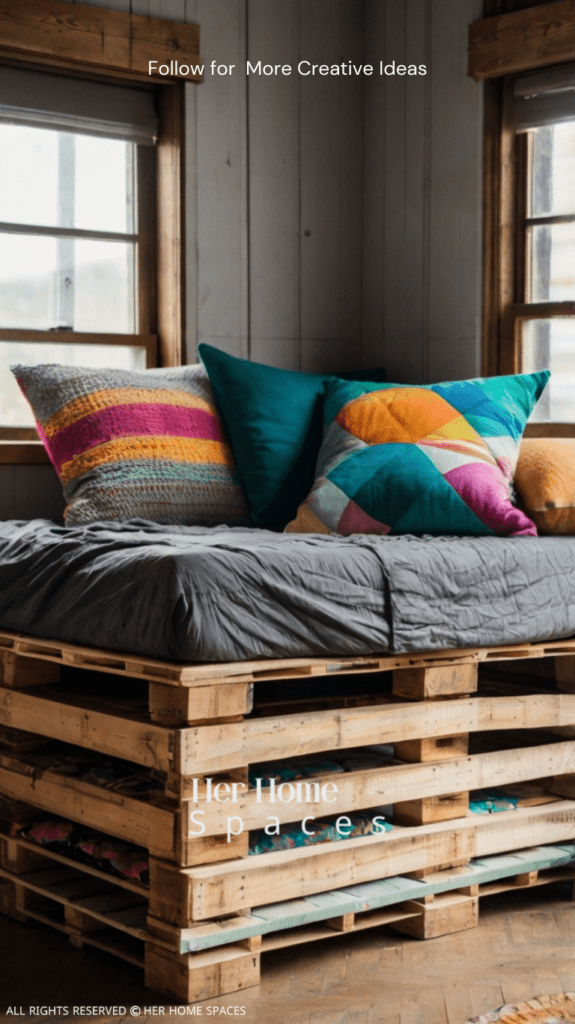 A pallet daybed with colorful cushions and a soft mattress, ideal for a cozy reading nook.