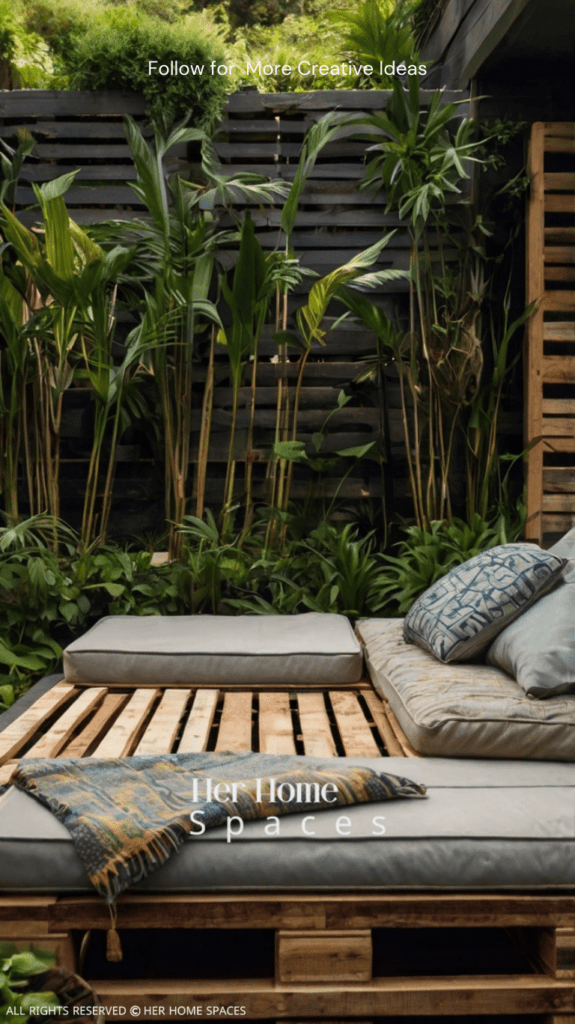 An outdoor pallet bed with weather-resistant cushions, set against a backdrop of lush greenery.