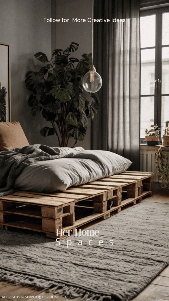 A pallet bed with sturdy wheels, positioned in a trendy, flexible bedroom space.