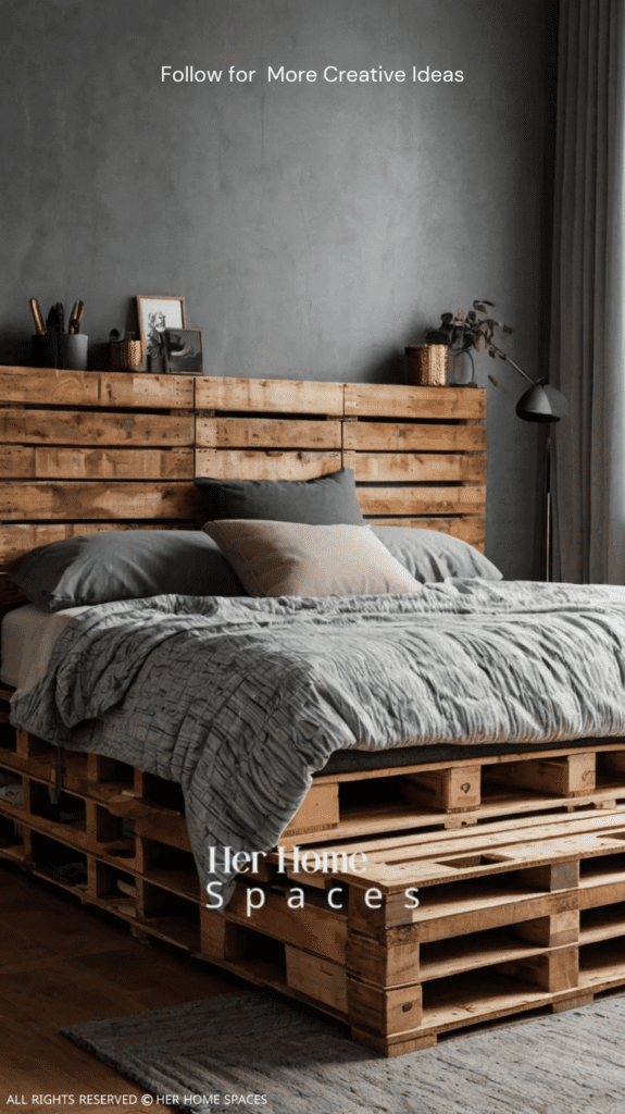 A pallet bed with built-in drawers, ideal for storing clothes, bedding, or other essentials.