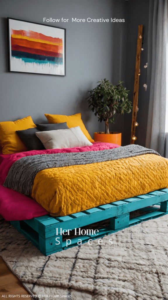 A brightly painted pallet bed, adds a pop of color to a stylish and modern bedroom.