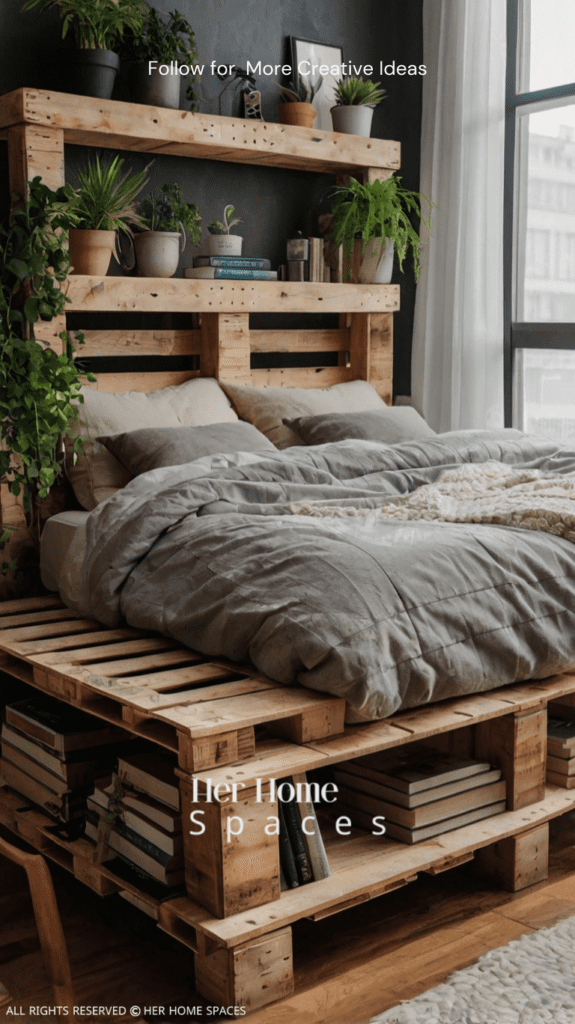 A pallet bed with built-in shelves, displaying books, plants, and decorative items for a functional and stylish design.