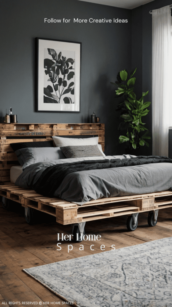 A pallet bed with sturdy wheels, positioned in a trendy, flexible bedroom space.