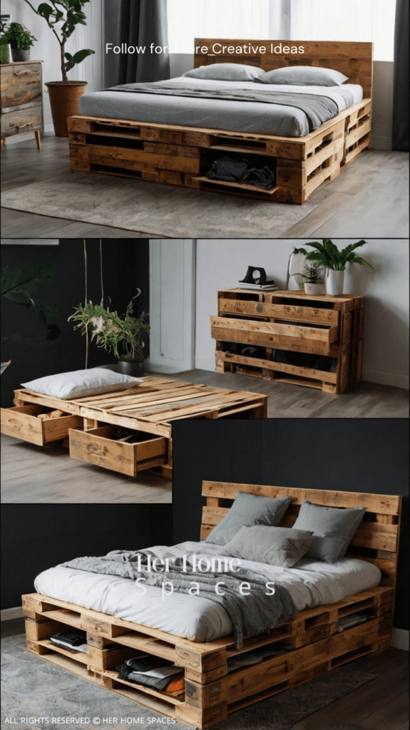 A pallet bed with built-in drawers, ideal for storing clothes, bedding, or other essentials.
