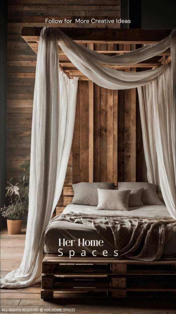 A pallet bed with a flowing canopy, draped elegantly for a romantic and serene bedroom vibe.