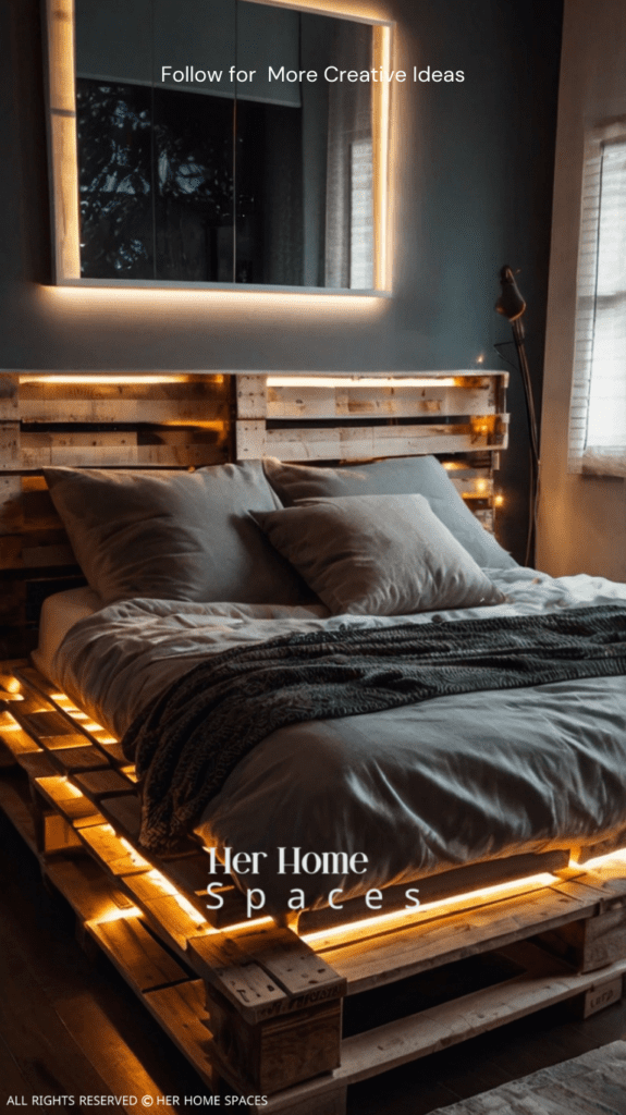 A pallet bed with warm LED lighting, creating a cozy and inviting bedroom ambiance