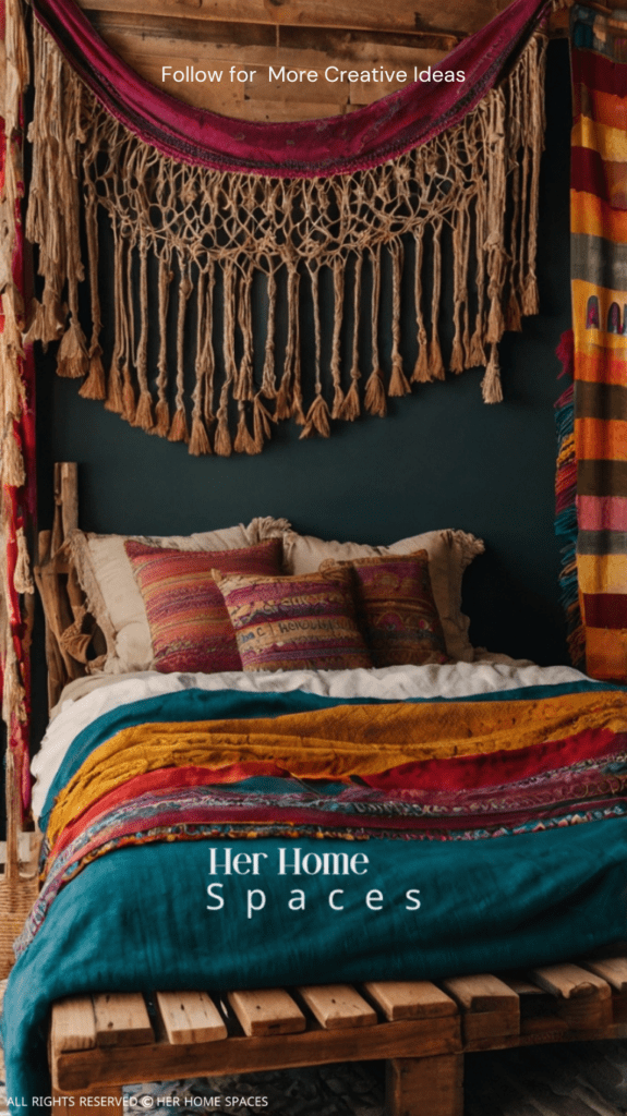  A boho chic pallet bed adorned with colorful textiles, a macramé throw, and a canopy draped above.