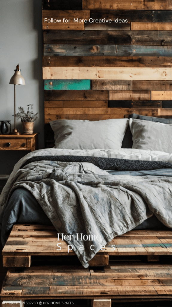 A pallet bed with a rustic wooden headboard, painted to complement the bedroom's color scheme