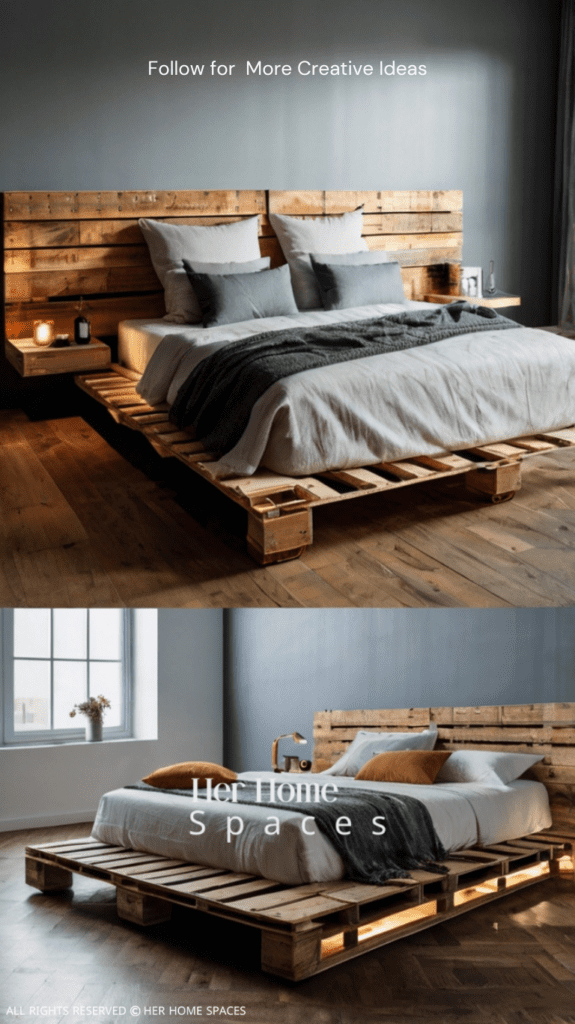 A floating pallet bed with concealed supports gives the illusion of the bed hovering above the floor.