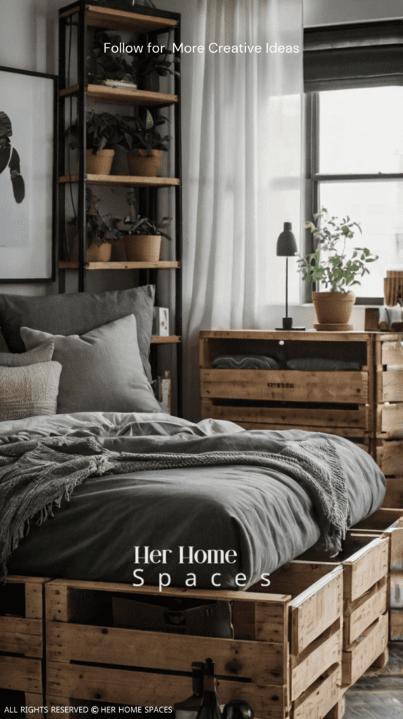 A rustic pallet bed with built-in storage, featuring crates filled with cozy blankets and decorative items.