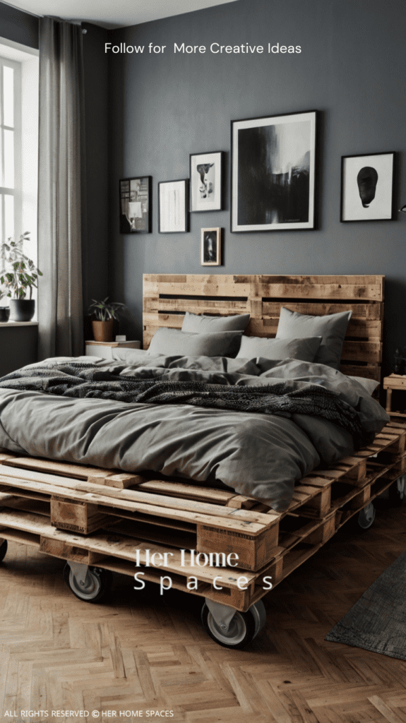 A pallet bed with sturdy wheels, positioned in a trendy, flexible bedroom space.