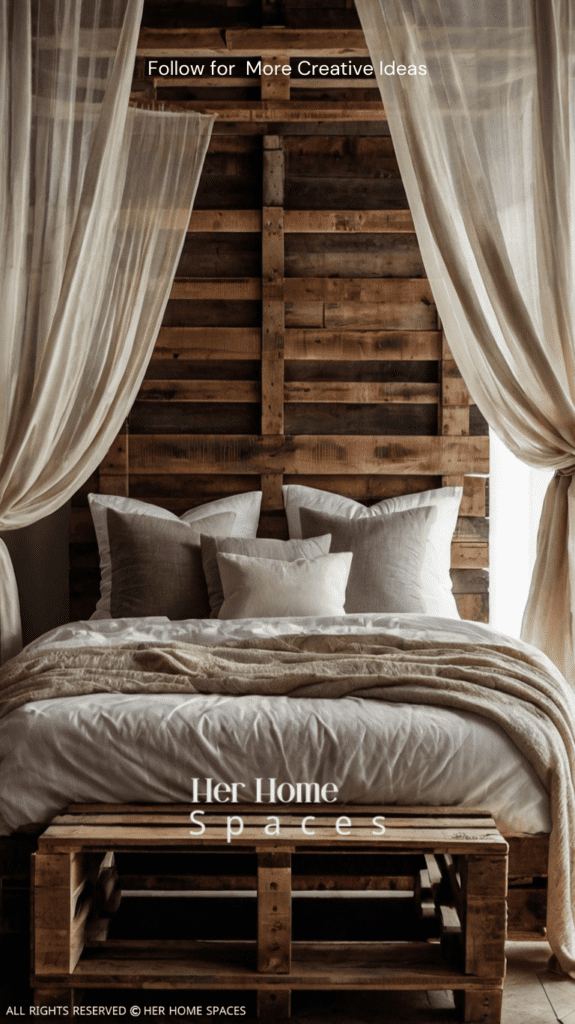 A pallet bed with a flowing canopy, draped elegantly for a romantic and serene bedroom vibe.