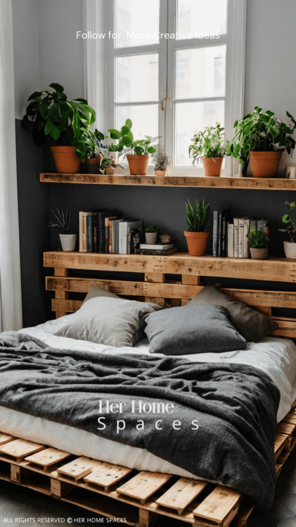 A pallet bed with built-in shelves, displaying books, plants, and decorative items for a functional and stylish design.