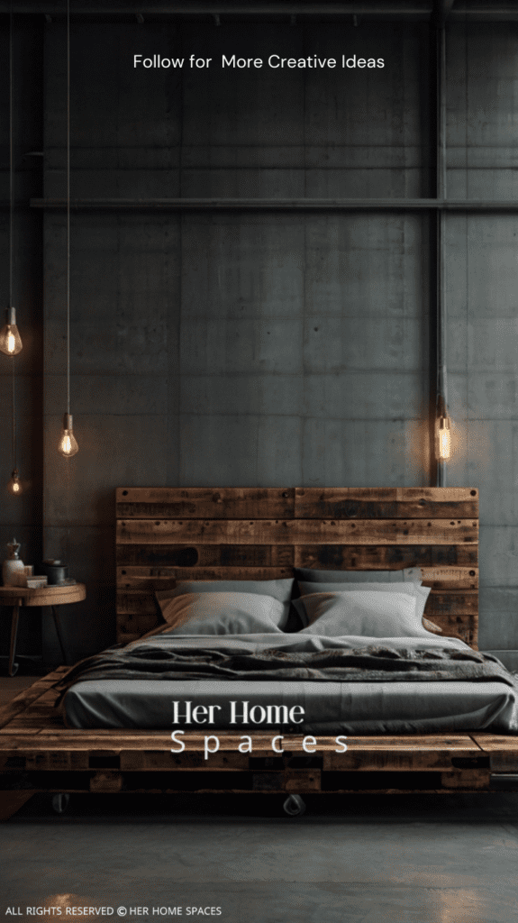  An industrial-style pallet bed with metal accents, dark wood, and minimalist bedding.