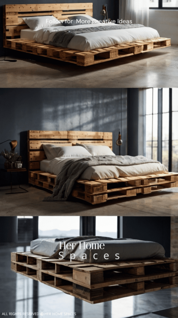 A floating pallet bed with concealed supports gives the illusion of the bed hovering above the floor.