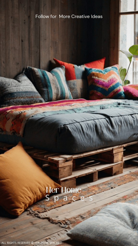 A pallet daybed with colorful cushions and a soft mattress, ideal for a cozy reading nook.