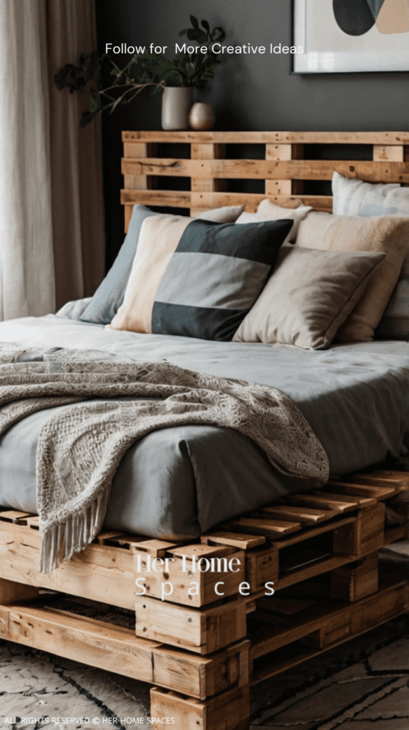 A king-sized pallet bed with a soft, luxurious mattress and stylish bedding.