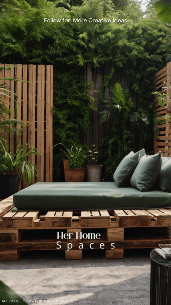 An outdoor pallet bed with weather-resistant cushions, set against a backdrop of lush greenery.