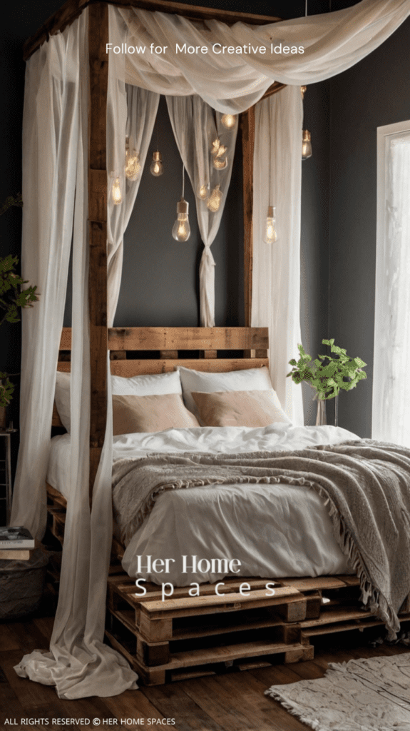 A pallet bed with a flowing canopy, draped elegantly for a romantic and serene bedroom vibe.