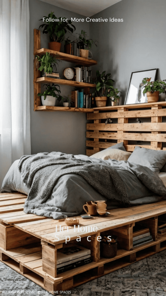 A pallet bed with built-in shelves, displaying books, plants, and decorative items for a functional and stylish design.