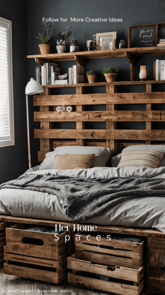 An elevated pallet bed with stylish storage bins underneath, perfect for a clutter-free bedroom