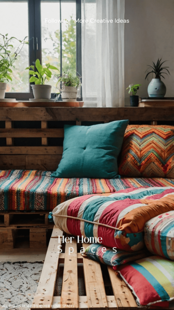 A pallet daybed with colorful cushions and a soft mattress, ideal for a cozy reading nook.