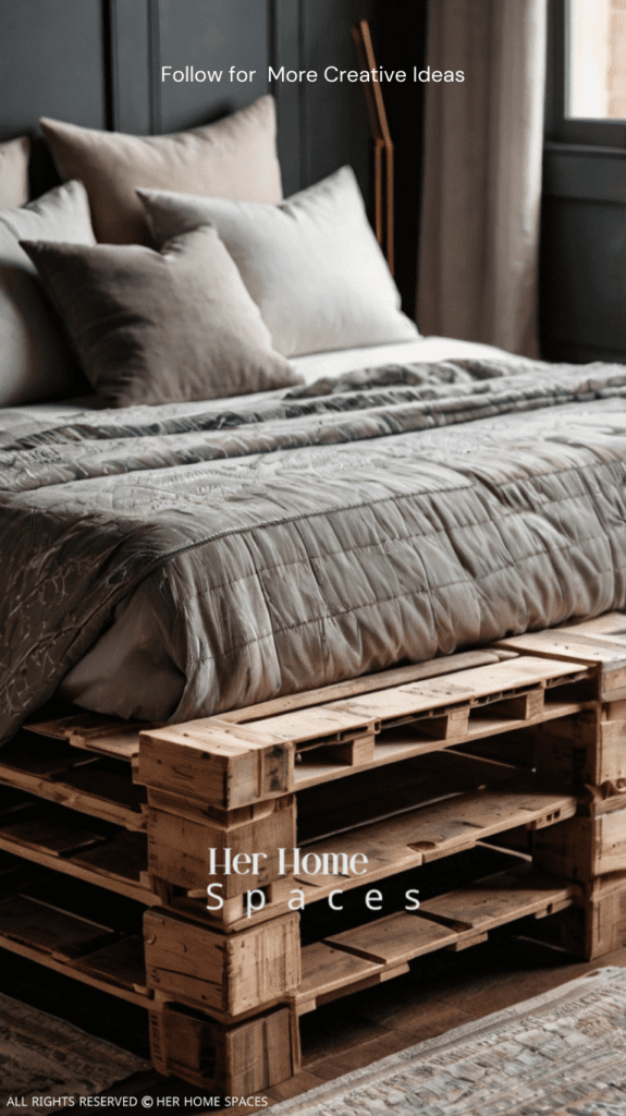 A king-sized pallet bed with a soft, luxurious mattress and stylish bedding.