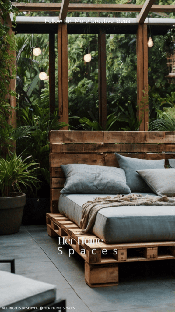 An outdoor pallet bed with weather-resistant cushions, set against a backdrop of lush greenery.