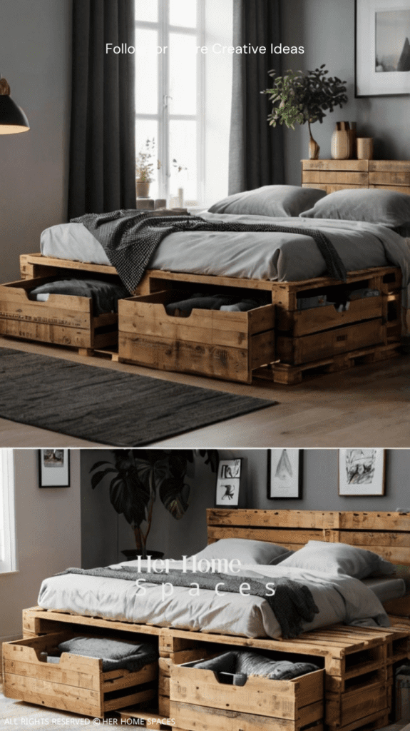 A rustic pallet bed with built-in storage, featuring crates filled with cozy blankets and decorative items.