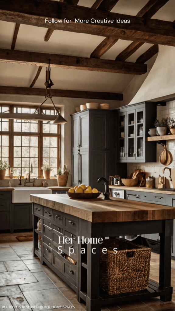  a kitchen with exposed wood beams, a large farmhouse sink, and a butcher block countertop. The image should capture the space's warmth and rustic charm.