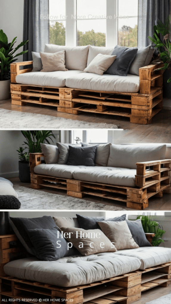 A cozy DIY pallet sofa with plush cushions in a modern living room setting, decorated with throw pillows, blankets, and surrounding plants.