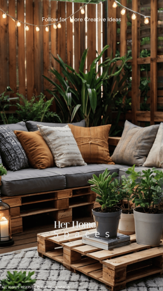  The finished pallet sofa in an outdoor setting, styled with string lights and potted plants.